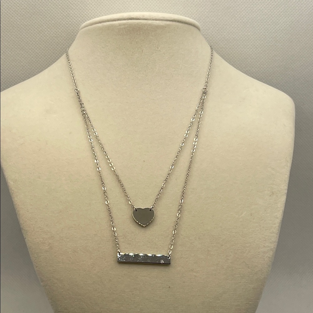 925 Sterling Silver Layered Necklace with Heart and Horizontal Bar